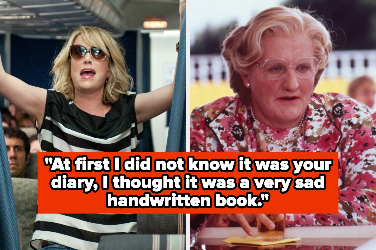 Split image: Left, a woman in sunglasses appears frustrated on a plane. Right, an older person, wearing a disguise, looks surprised. Caption in red: "At first I did not know it was your diary, I thought it was a very sad handwritten book."