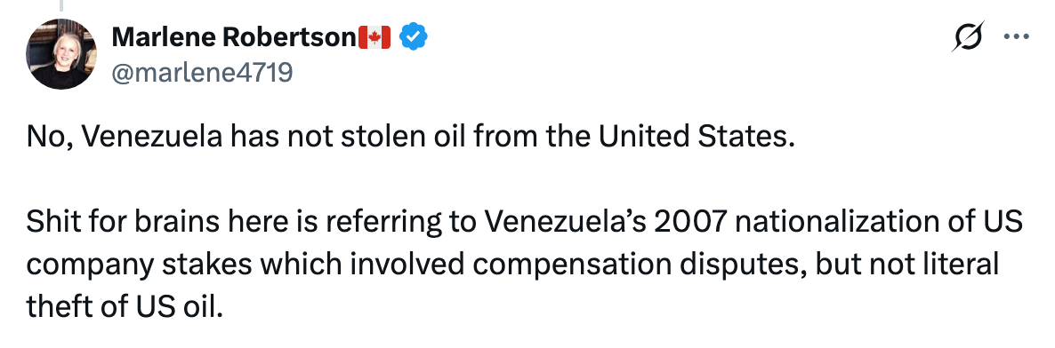 Tweet tilbakeviser påstanden om at Venezuela stjal amerikansk olje, og forklarer at det handlet om nasjonaliseringen av amerikanske selskapsandeler i 2007 med kompensasjonsproblemer