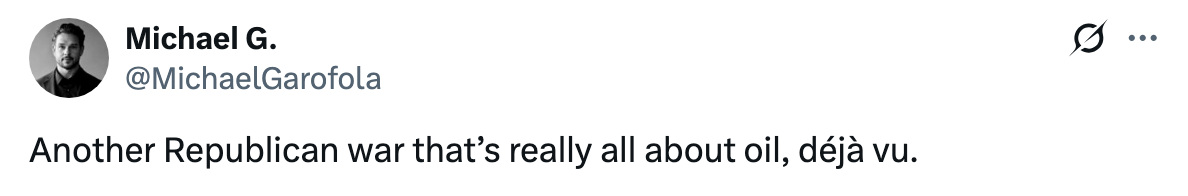 Tweet av Michael G. lyder: "Enda en republikansk krig som egentlig handler om olje, déjà vu."