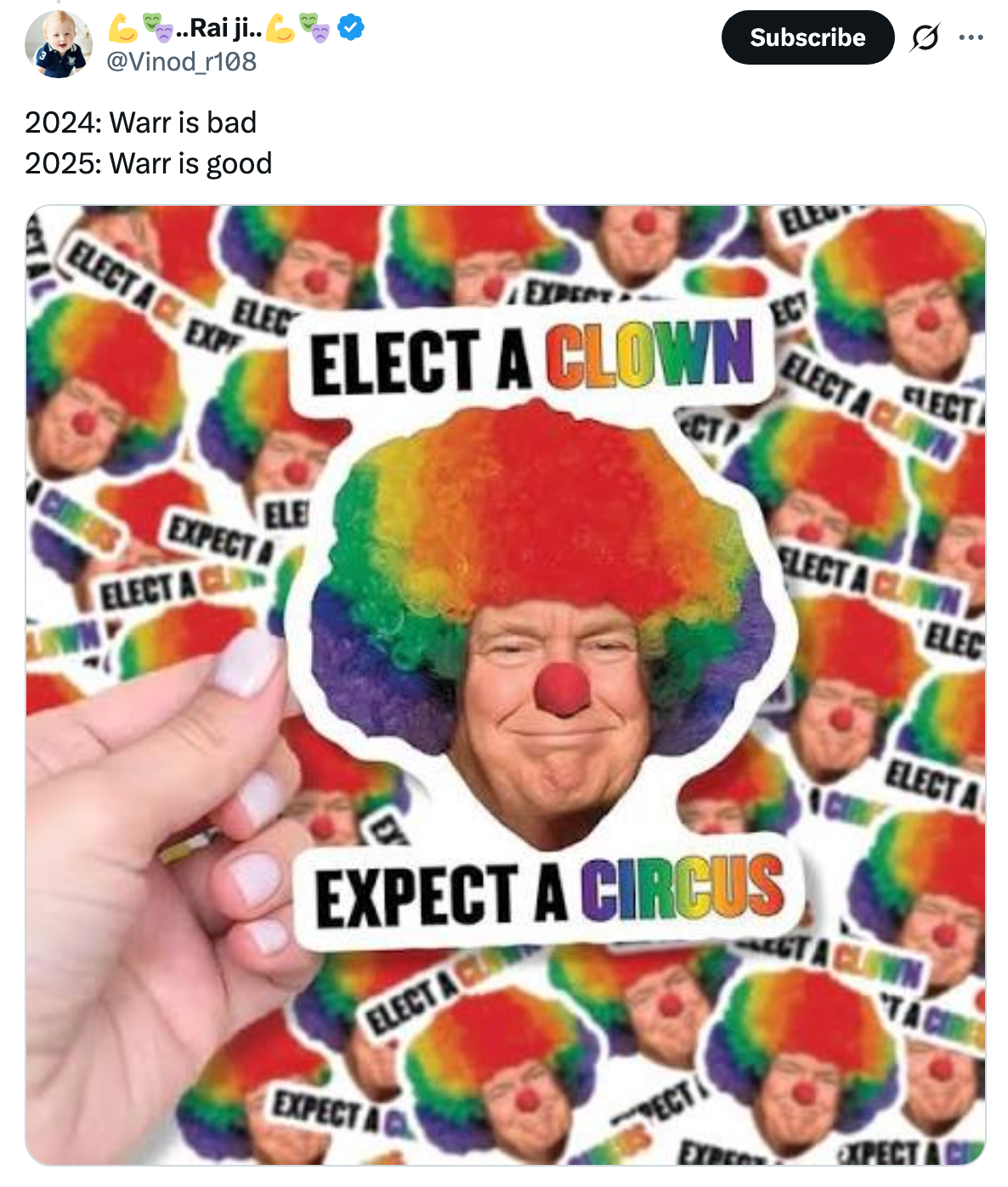 Meme med klovnefjes på politikeren sier 