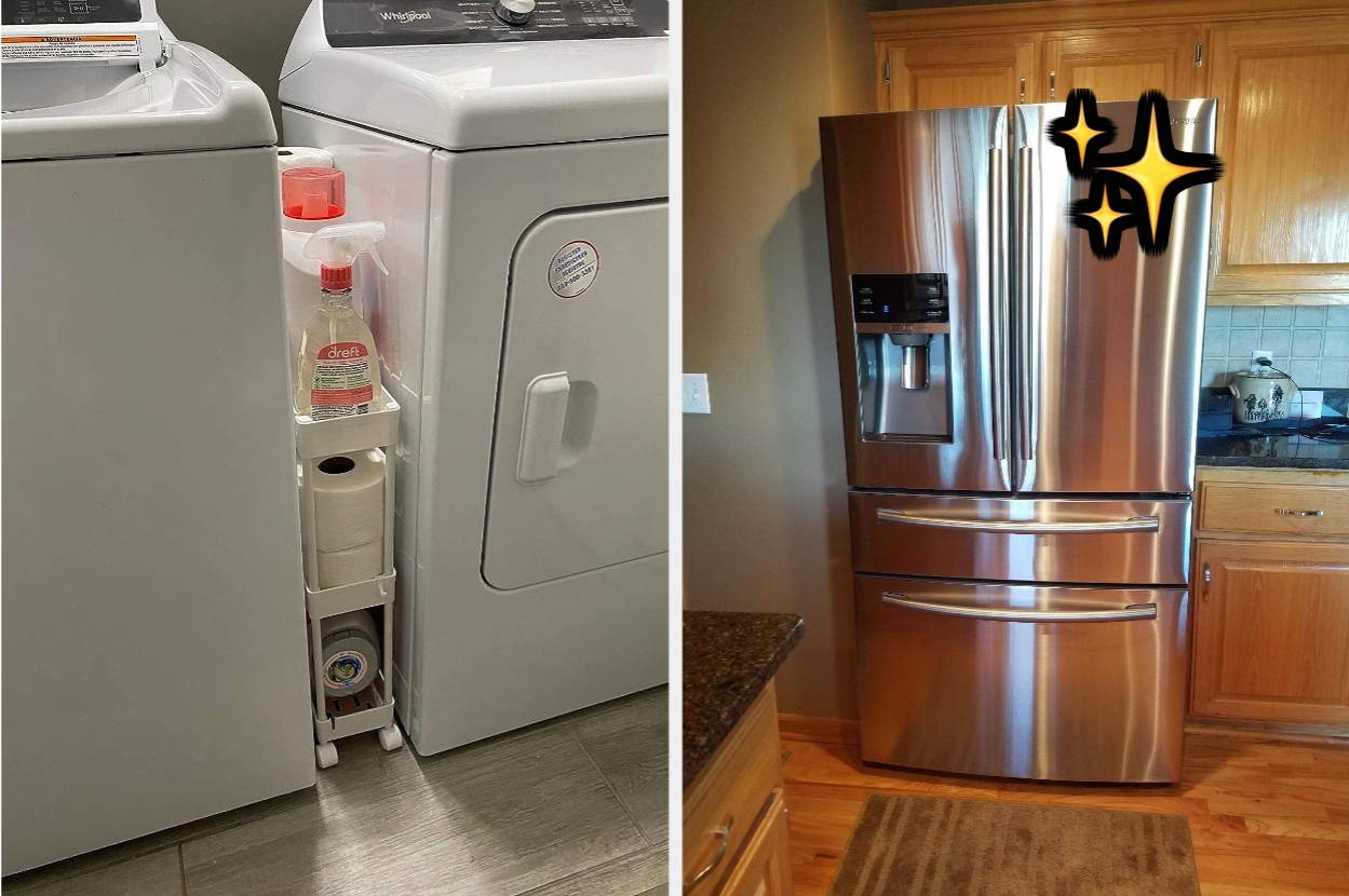 Laundry area with organized supplies and modern stainless steel refrigerator with a sparkling animation effect