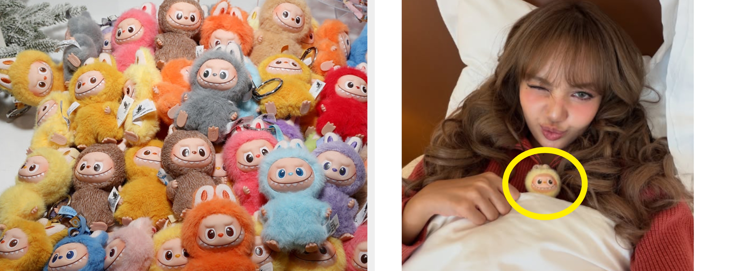 Plush toys with cute faces successful  assorted  pastel colors are displayed connected  a table