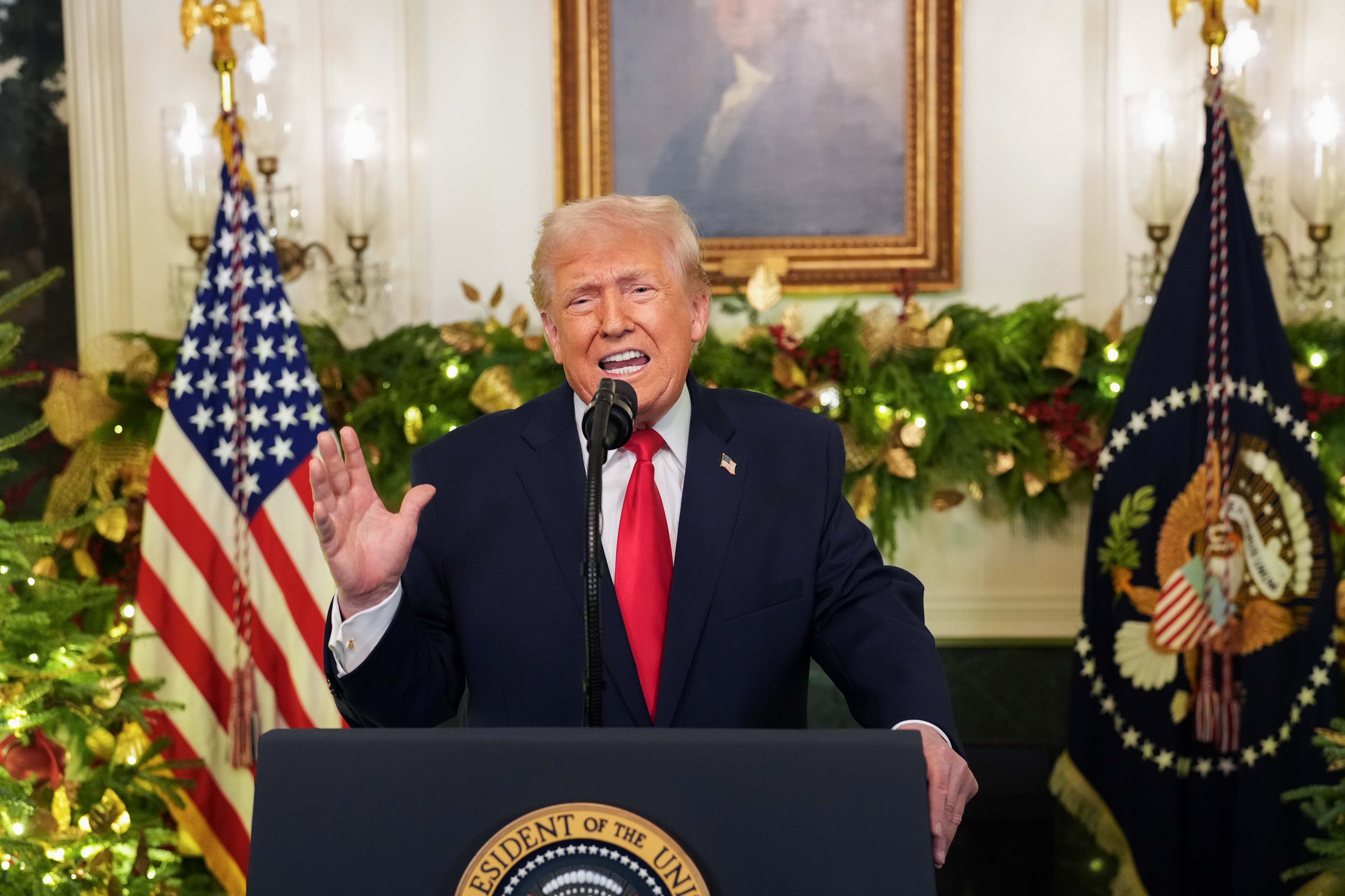 En person snakker ved et podium med juledekor og flagg i bakgrunnen, sannsynligvis under en formell begivenhet eller kunngjøring