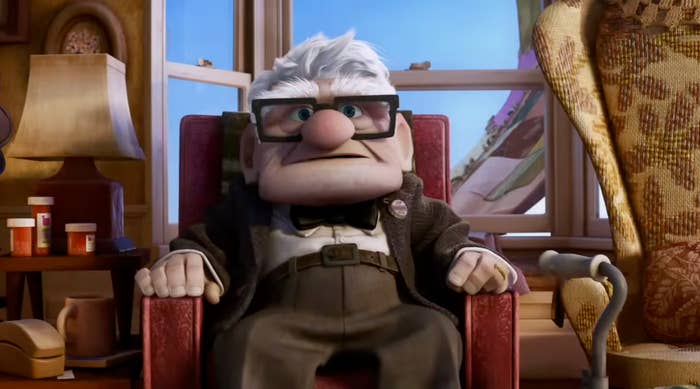 Animated aged  antheral   with glasses and bow necktie  sits successful  an armchair, surrounded by a cozy location  mounting  with a cane and medicine  nearby