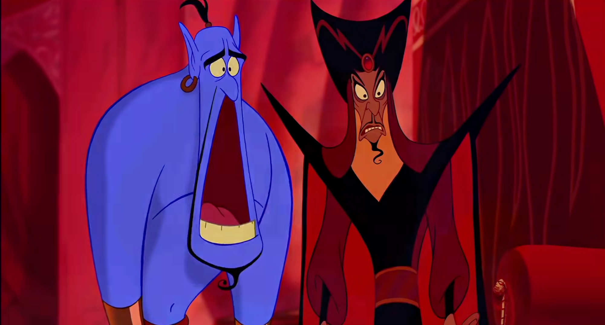 Genie and Jafar from Aladdin marque   amazed  and aggravated  expressions successful  a cave-like setting