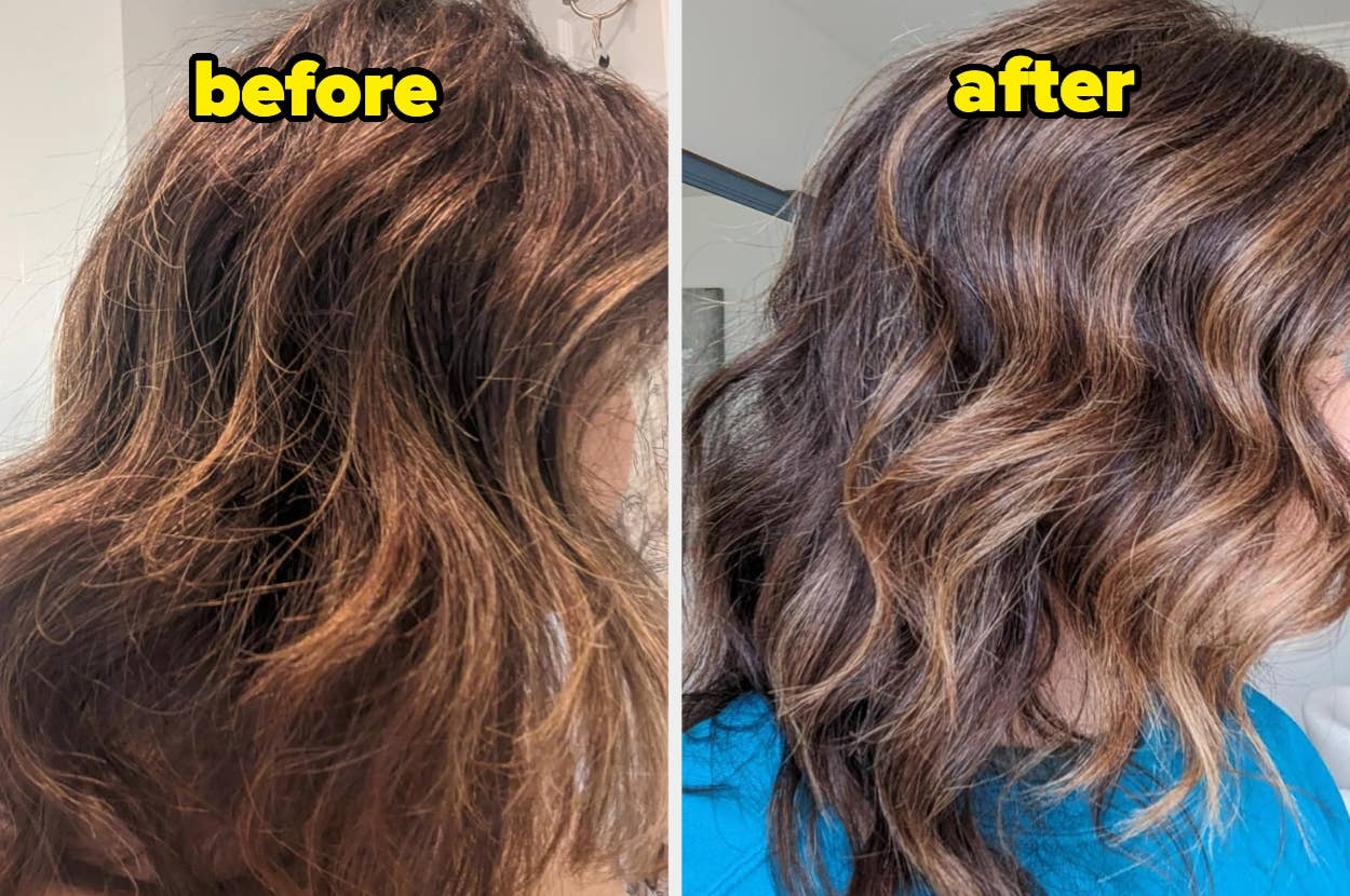 Side-by-side comparison of hair before and after using a styling product, showing smoother, shinier waves in the "after" image