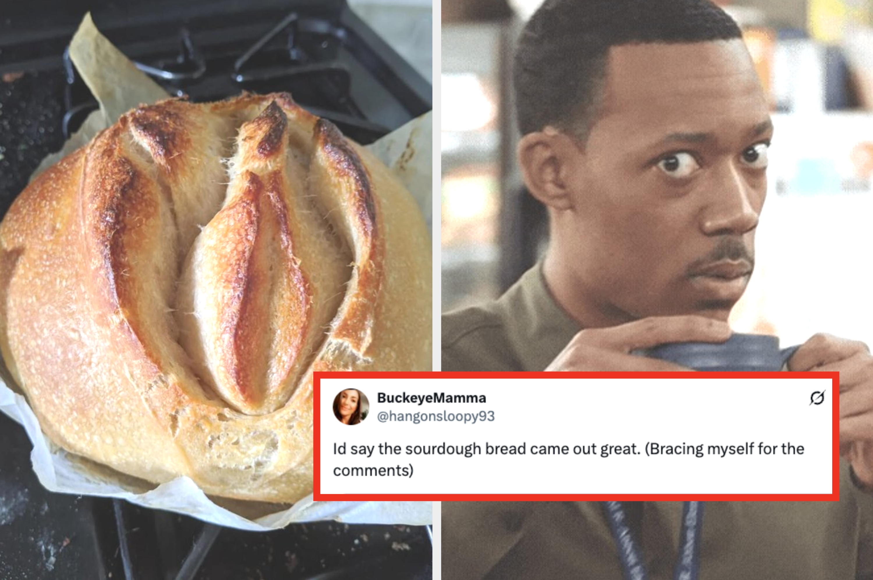 Person with surprised expression beside freshly baked sourdough bread with a humorous tweet about the bread's outcome