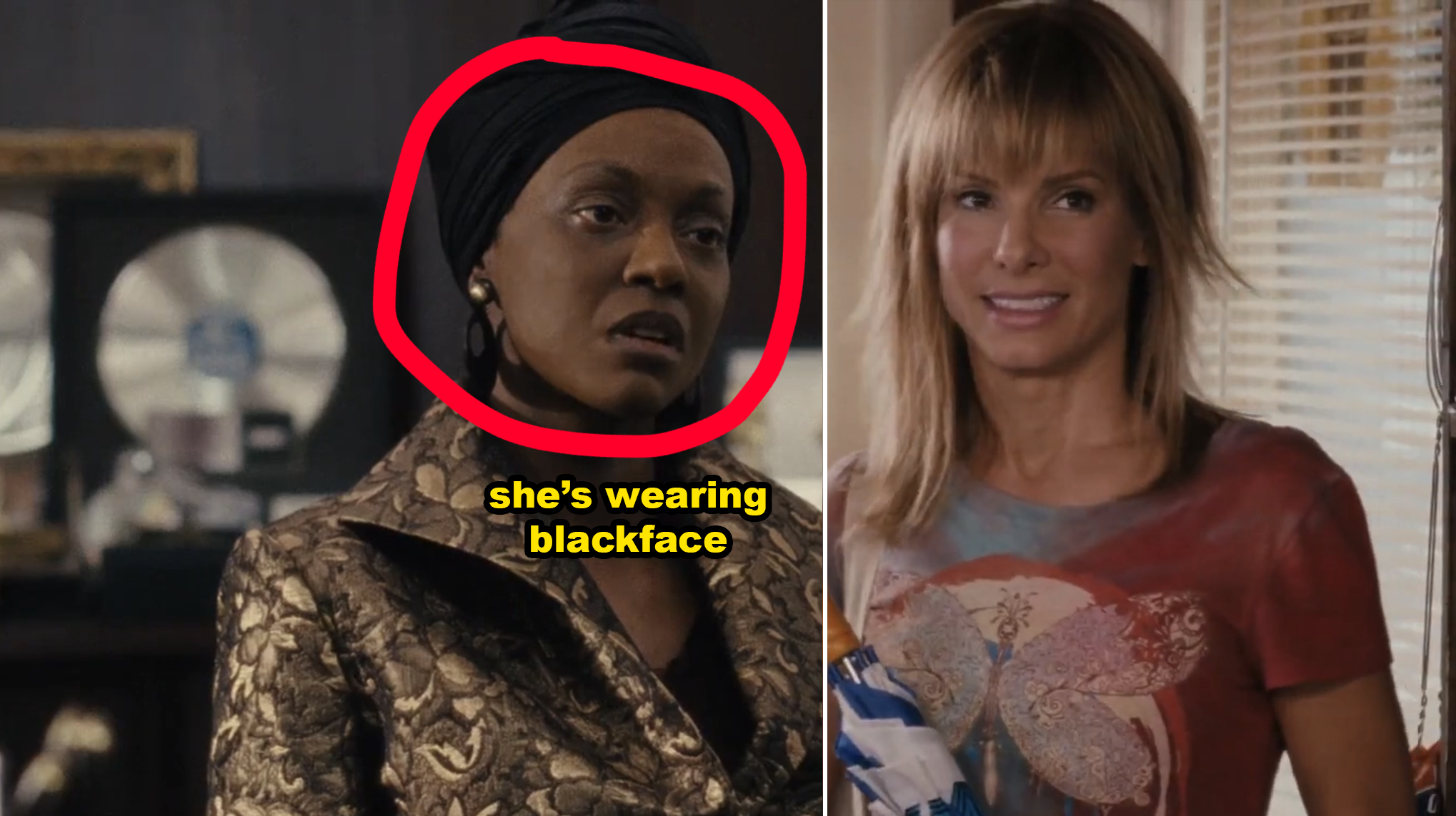 Two film scenes shown side by side; left depicts a character in patterned formal attire, right shows a character in a casual top. Text highlights controversy