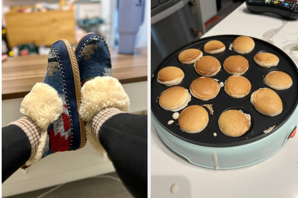 Feet in cozy, patterned slippers rest on a counter beside a mini pancake maker with several cooked pancakes on it
