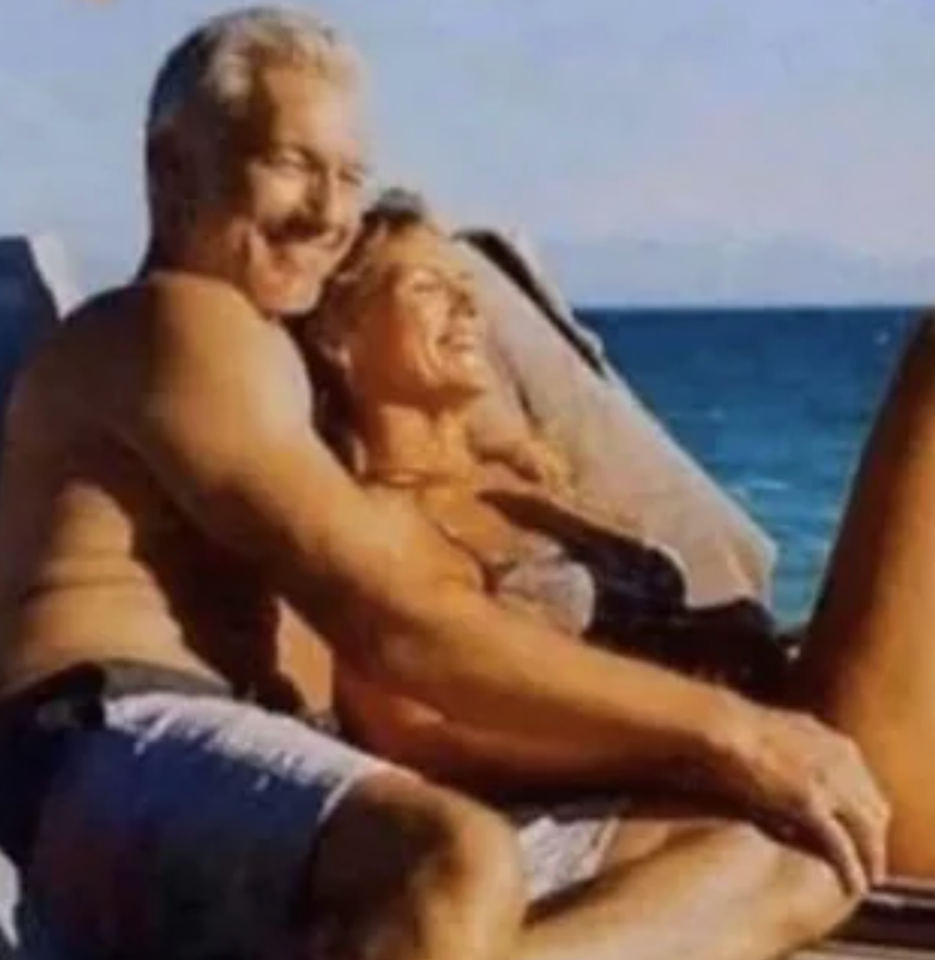 A mates  lounges connected  formation  chairs by the sea, smiling and relaxed, with the prima   shining connected  them