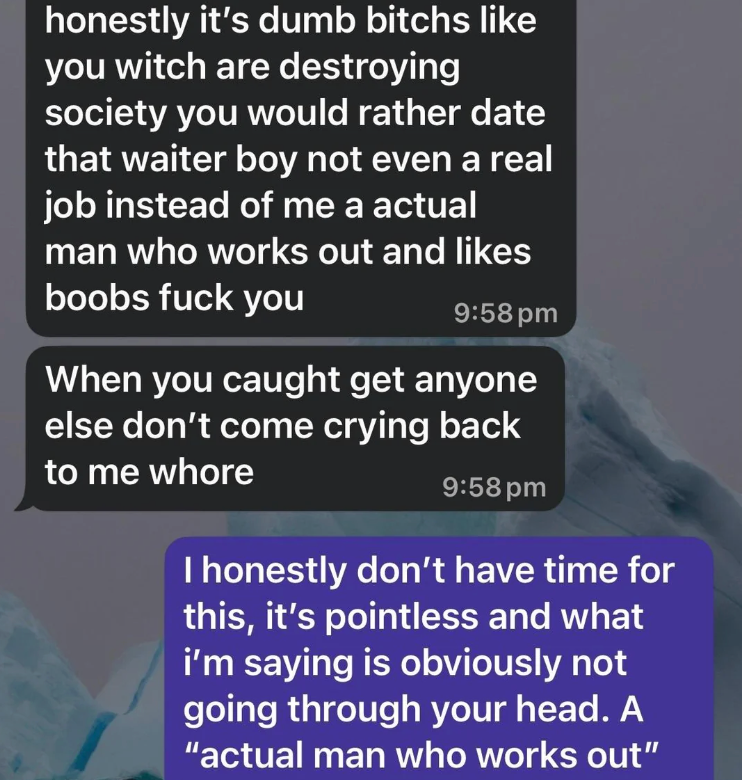 A substance   speech  shows violative  messages exchanged, including insults and a rejection request. The 2nd  connection   requests nary  further contact