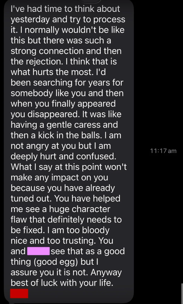 Summary of substance   connection   expressing feelings of hurt, rejection, and disorder  aft  a important    but analyzable  affectional  connection