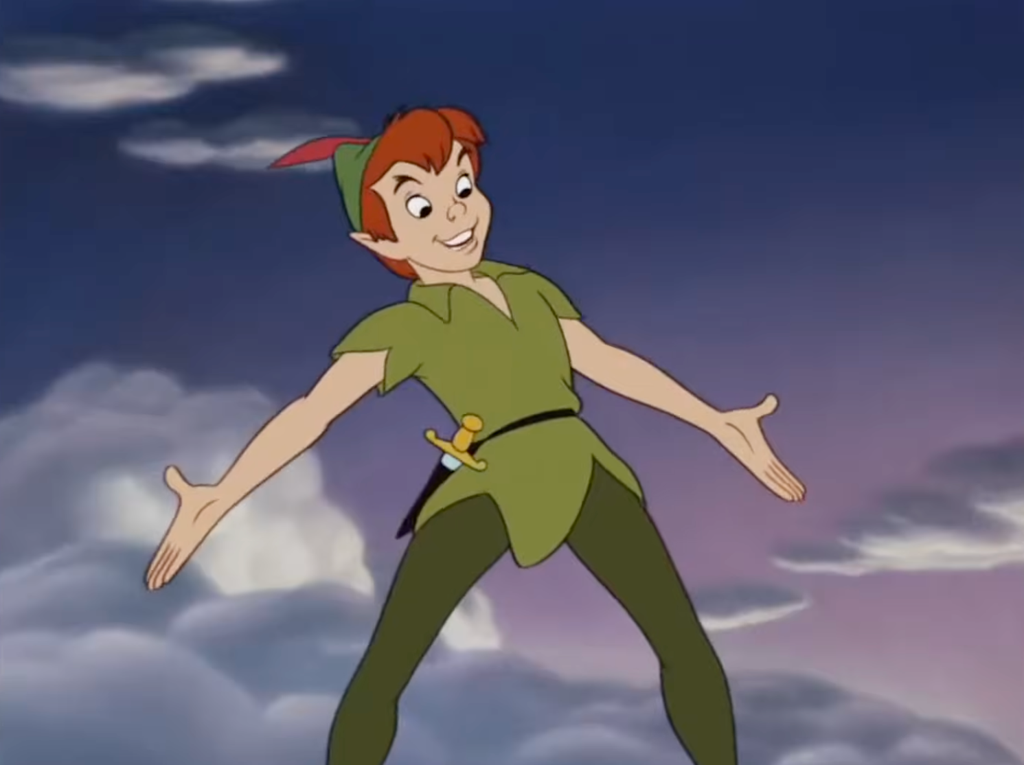 Animated quality  Peter Pan smiling with arms outstretched, acceptable   against a entity  backdrop