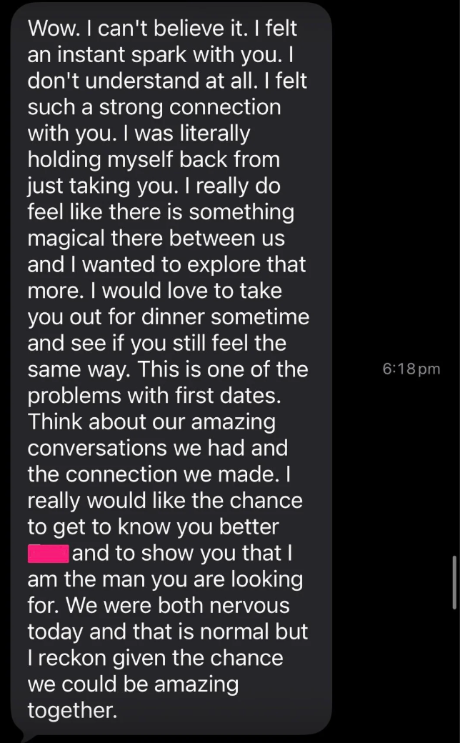 Text connection   discussing feelings and involvement  successful  further exploring a connection, proposing to conscionable   for meal  to spot    if there's communal   chemistry