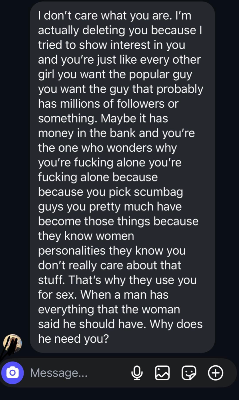 Message expresses vexation  astir  narration   choices and self-worth, questioning wherefore  women take  definite  men and consciousness   alone