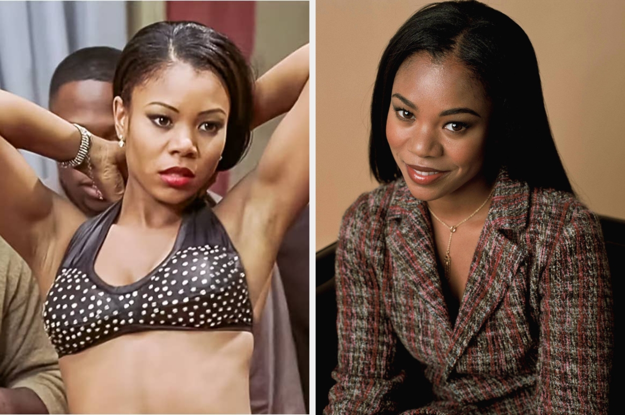 Two-side image: Left, woman in a studded crop top poses with hands behind head. Right, she sits, smiling, wearing a textured jacket