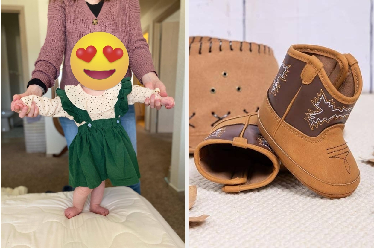 Baby wearing a green skirt and star print top is held up by an adult. On the right, there's a pair of brown baby moccasin boots