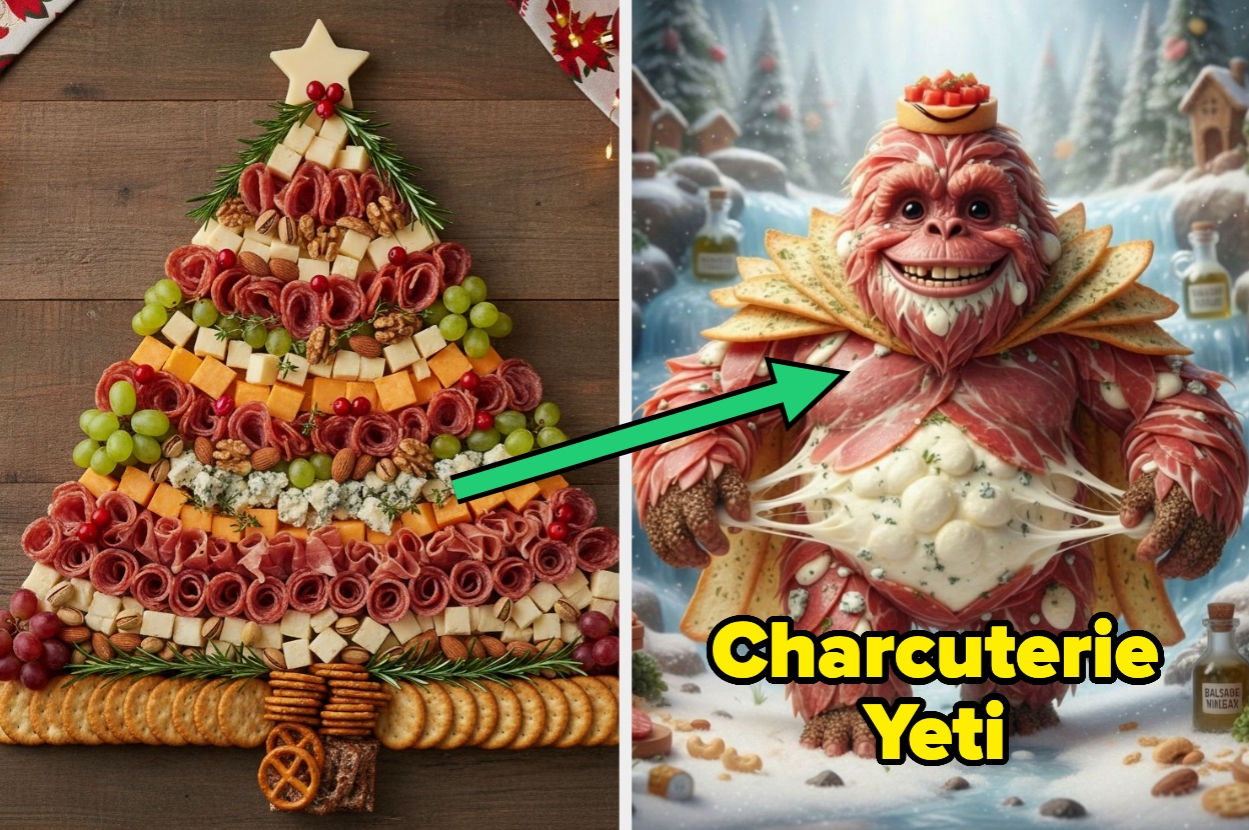 Charcuterie tree with meats, cheeses, and fruit next to a cartoon yeti wearing food-inspired armor in a winter scene. Arrow points from tree to yeti