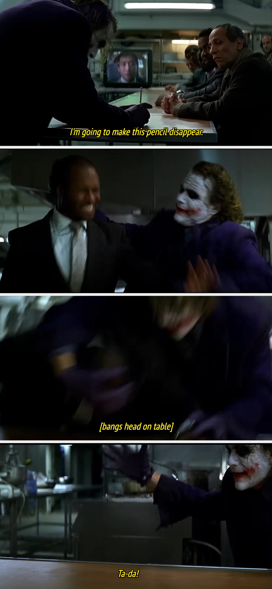 A character with clown makeup performs a magic trick by forcefully pushing another's head onto a table, saying, "I'm going to make this pencil disappear."