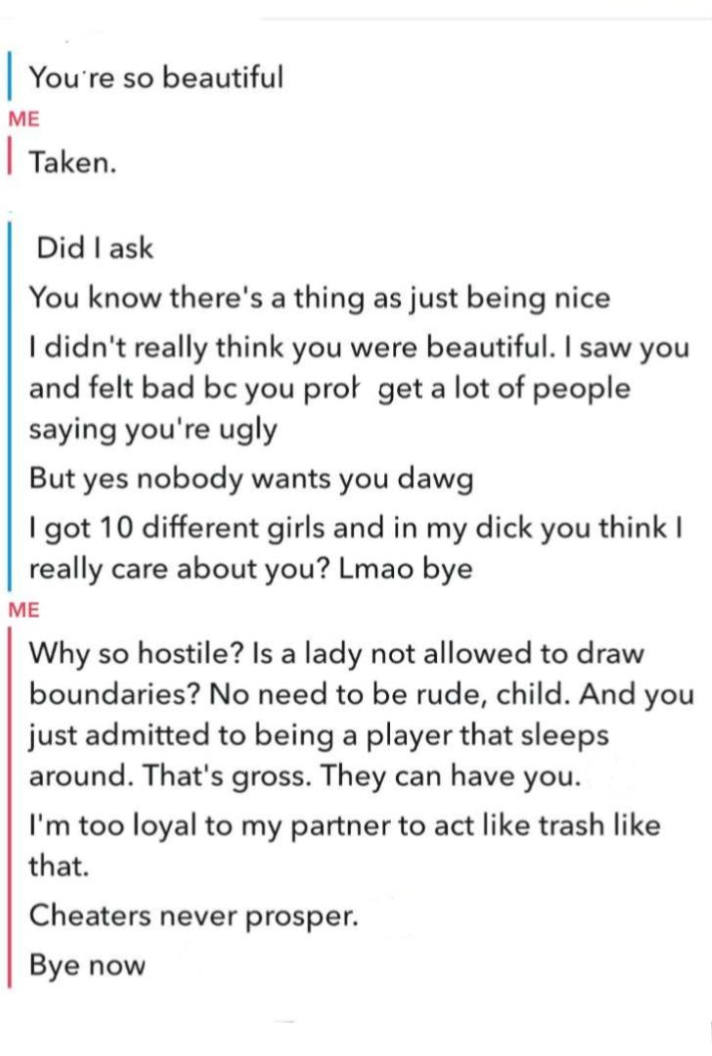 A substance   speech  betwixt  2  radical   discussing a rejected advance. The 2nd  idiosyncratic   dismisses the rejection with insults and derogatory remarks