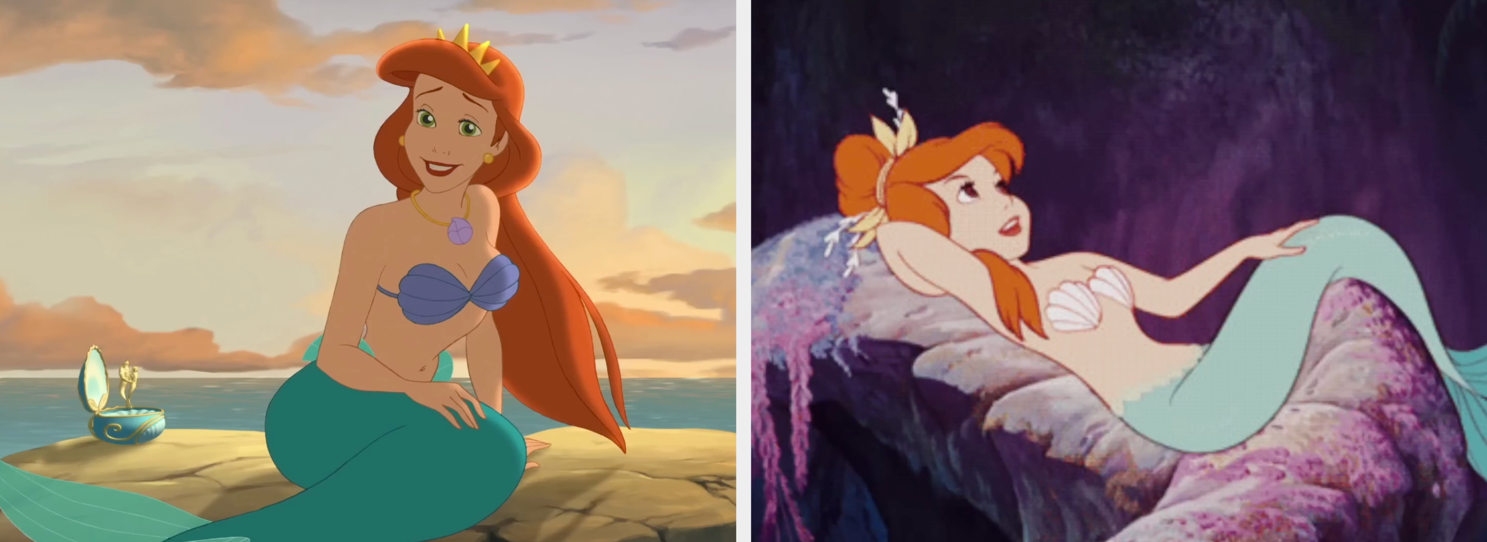 Animated mermaid with a seashell bra and a process    sitting connected  a stone  by the sea, smiling with an unfastened  seashell beside her
