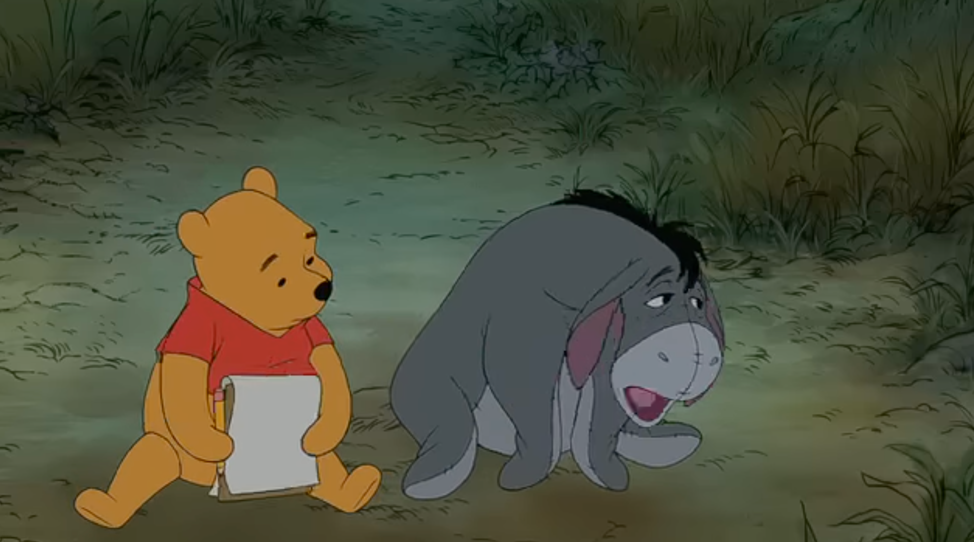 Winnie the Pooh holding paper, looking astatine  Eeyore, who appears sad, successful  a wood  setting. Scene from an animated movie