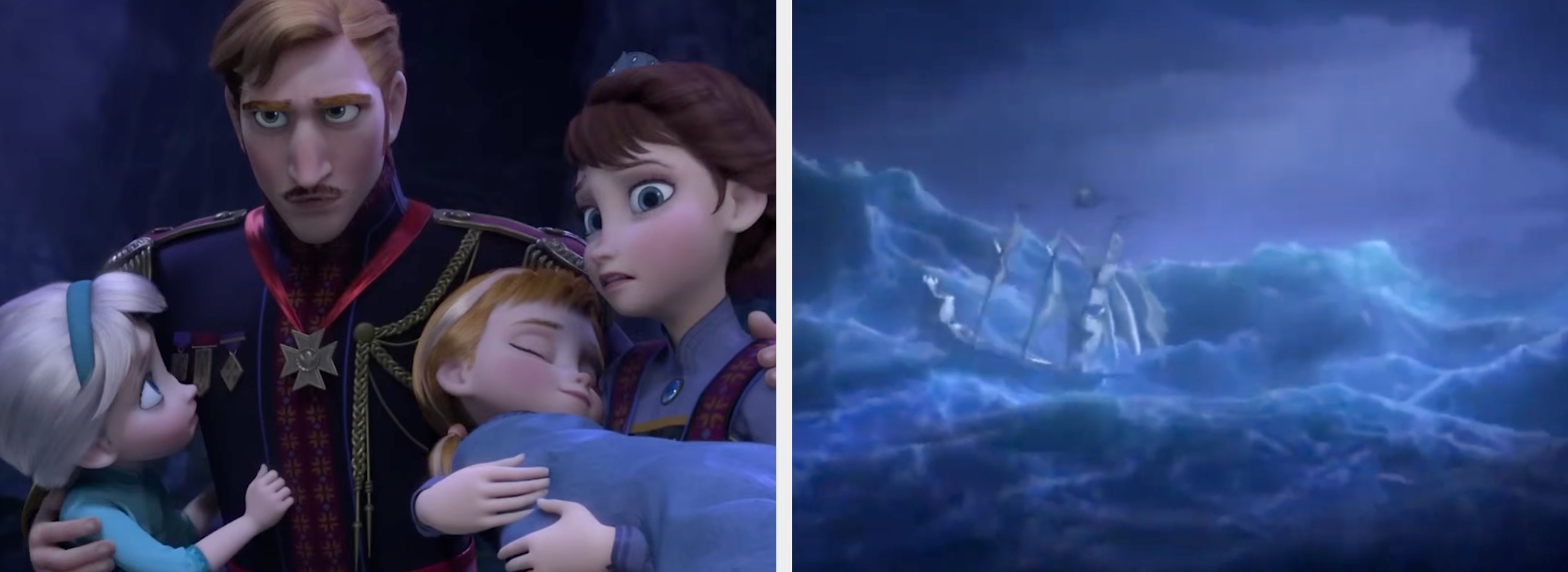 Animated country   from Disney's "Frozen": Two young girls with a acrophobic   antheral   and woman. One miss  is being held by the woman. Tension is evident