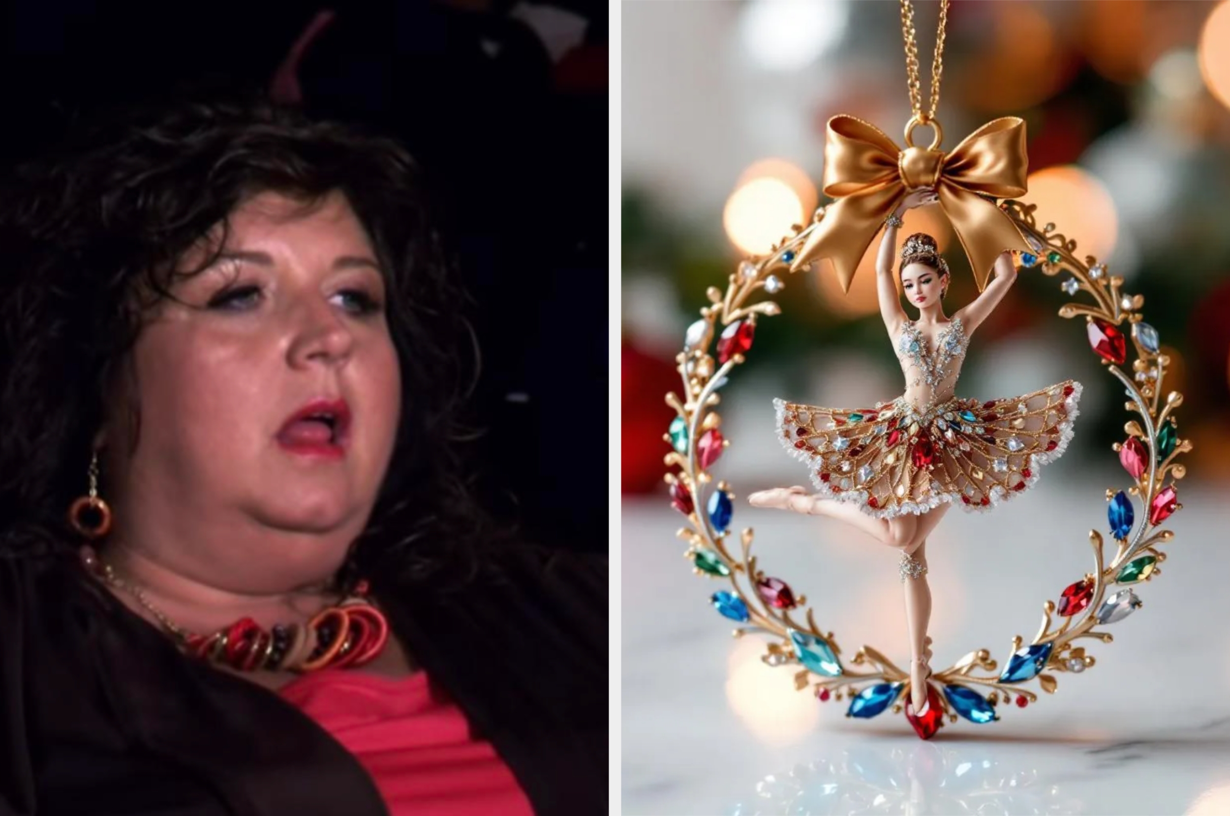 A woman with dark curly hair and a stunned expression. Beside her is a decorative ballerina ornament in a bejeweled wreath with a bow