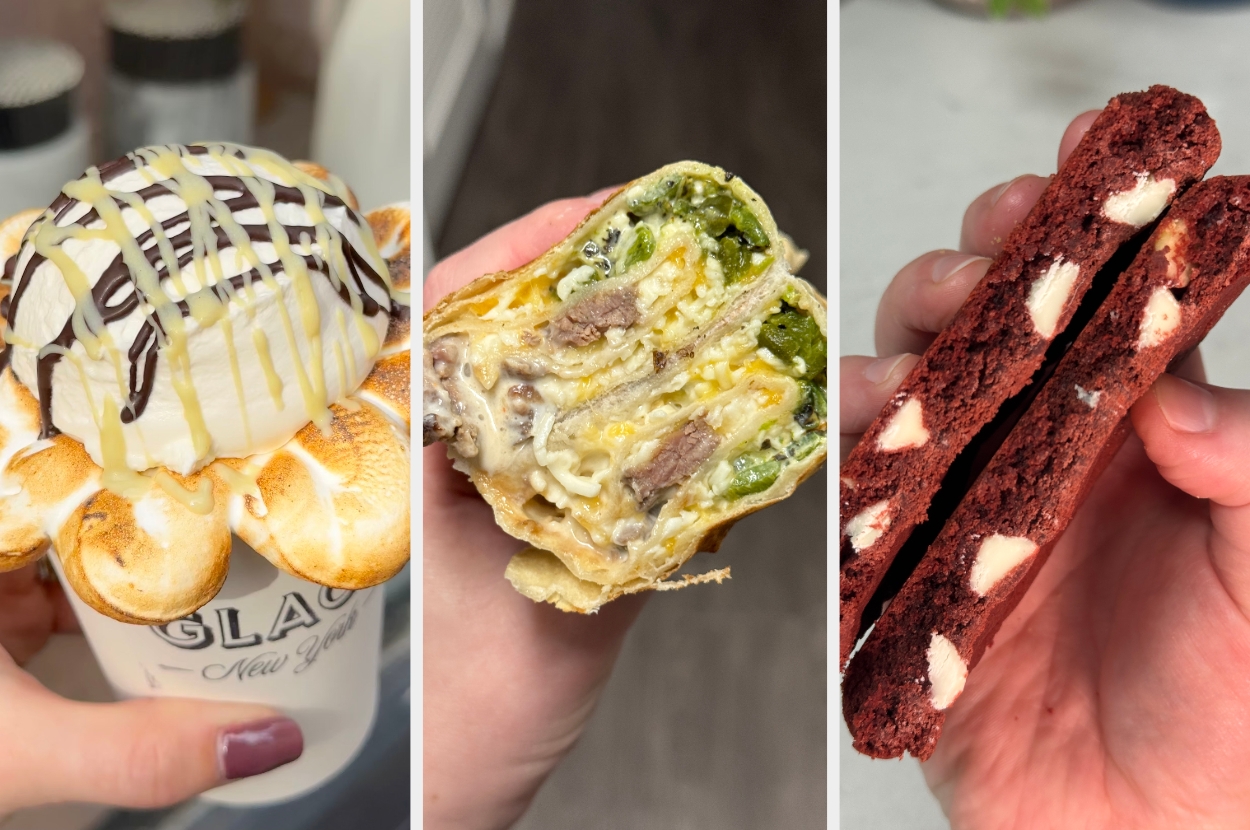 Left: Ice cream cone with toasted marshmallows and drizzled syrup. Center: Savory pastry with mushrooms, spinach, and cheese. Right: Red velvet cookies with white chocolate chips