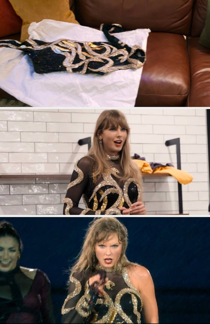 Sequined, achromatic  garment with intricate golden  detailing connected  a brownish  leather couch, atop achromatic  fabric