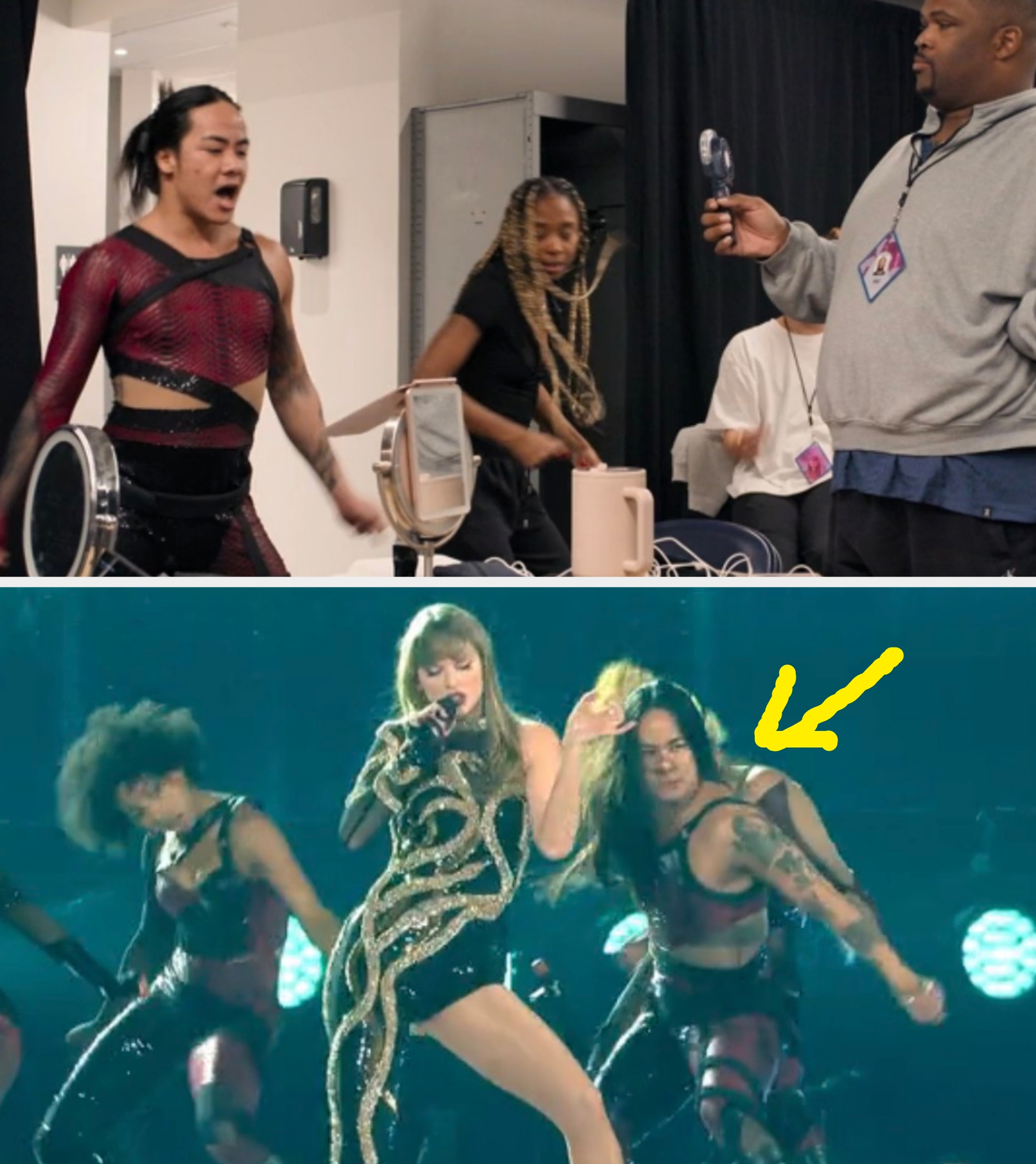  1  successful  a stylish mesh outfit expressing excitement, others engaged, and idiosyncratic    holding a magnifying solid  prop