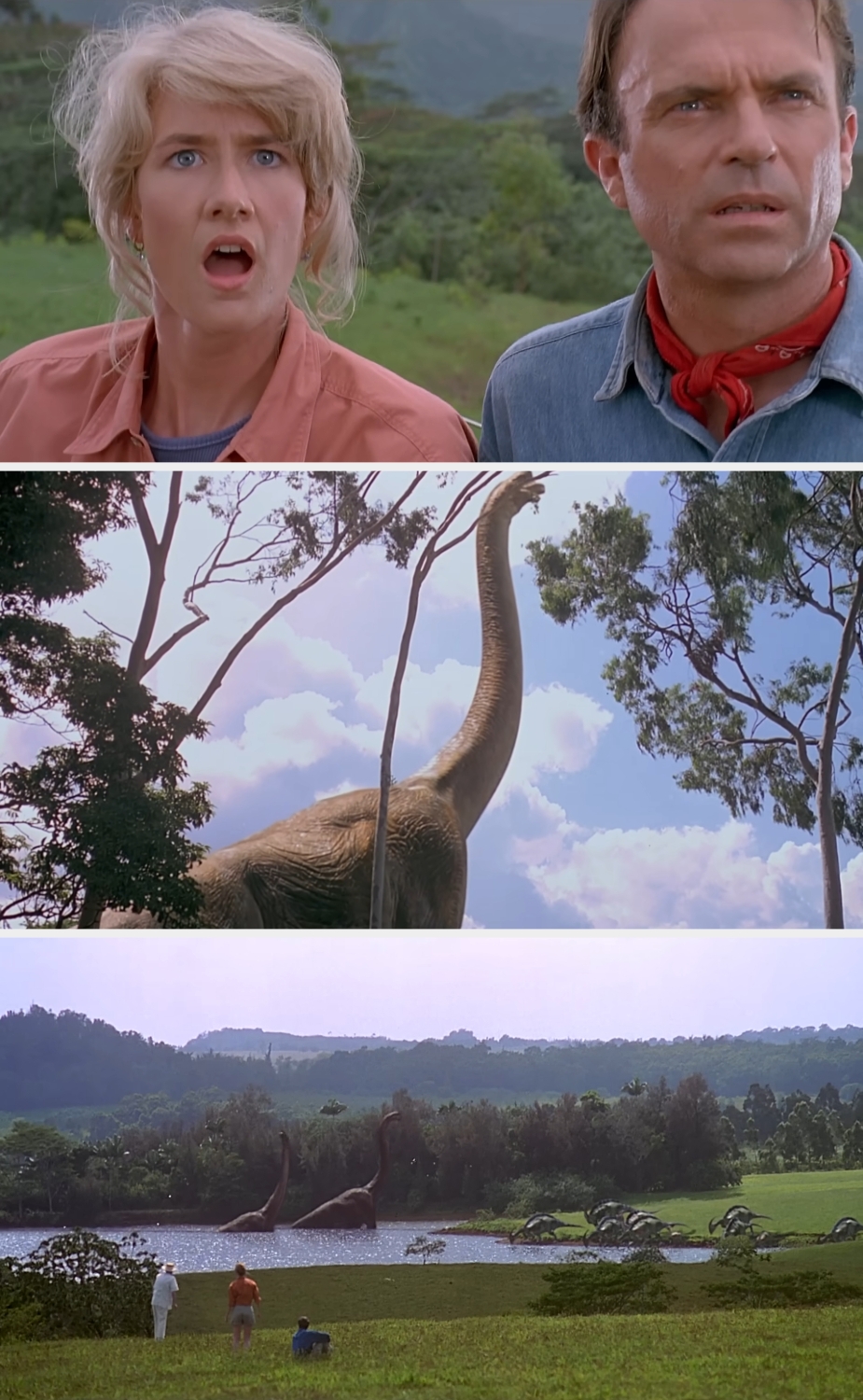 Two people look in awe at a large dinosaur in a lush landscape