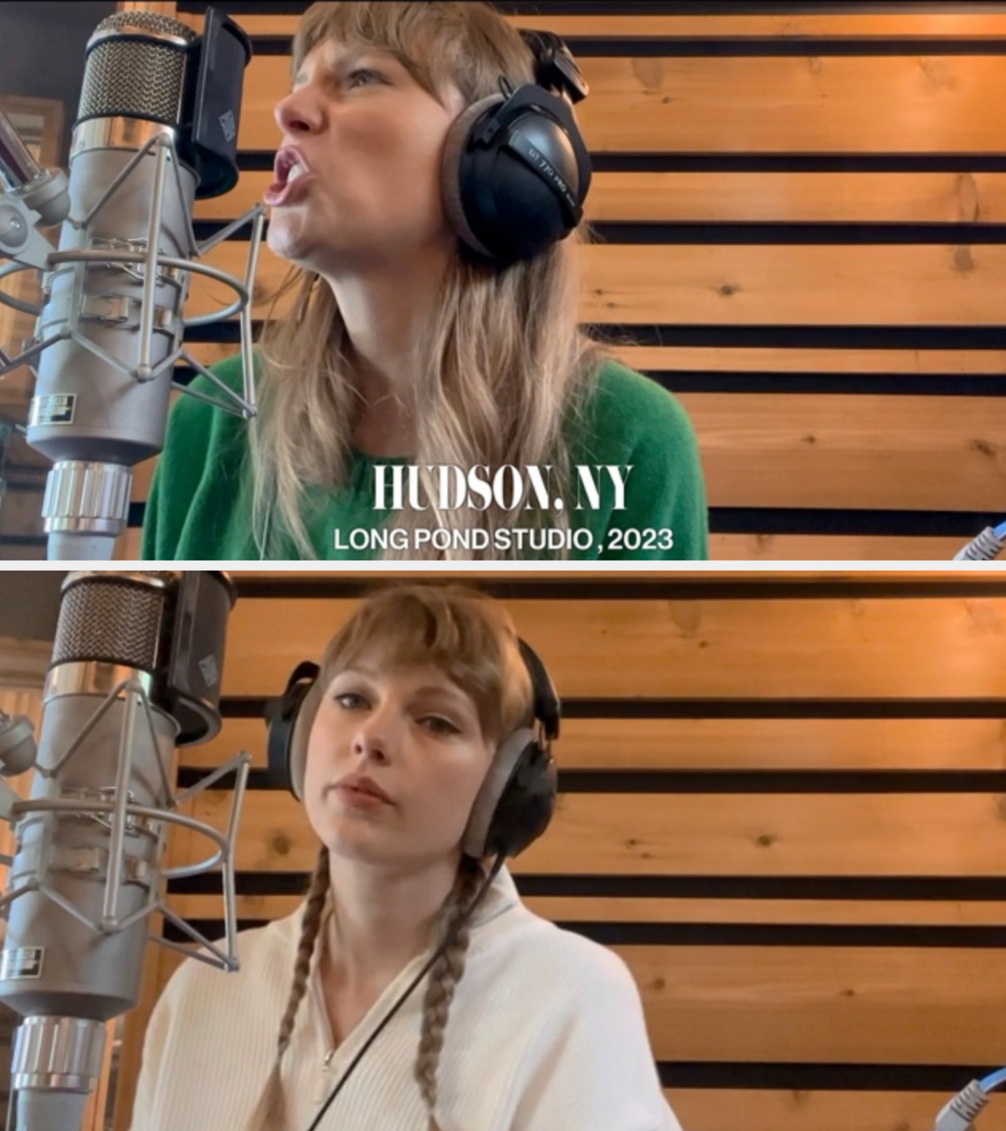 Singer wearing headphones, performing into a microphone astatine  Long Pond Studio, Hudson, NY, 2023