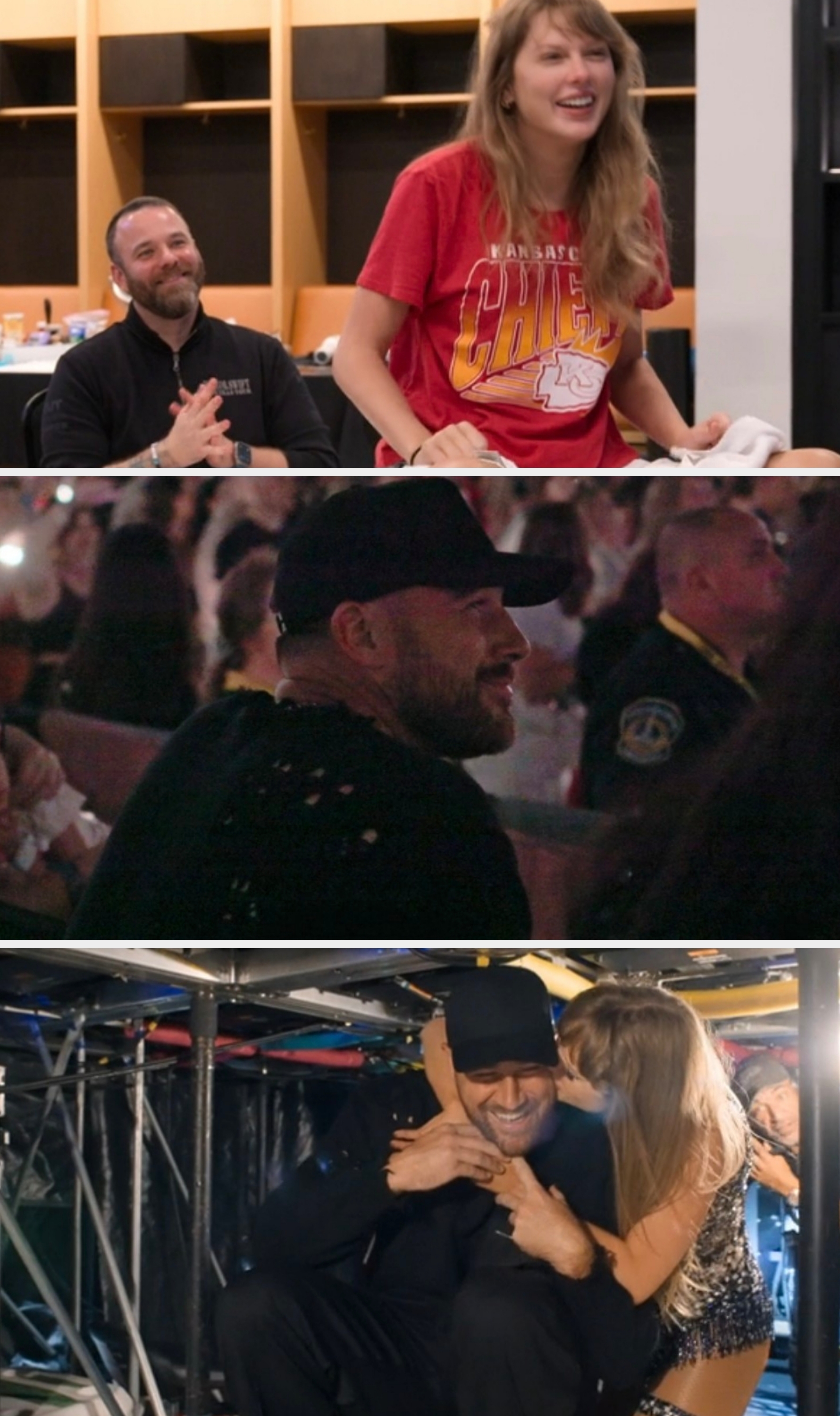 A pistillate   smiles sitting connected  a sofa  successful  a casual sports-themed shirt. A antheral   claps nearby, some  successful  a casual setting, perchance  a locker room