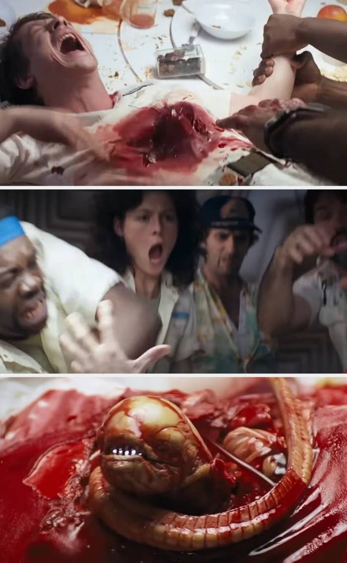  a person in distress, others reacting with shock, and a creature emerging from a chest