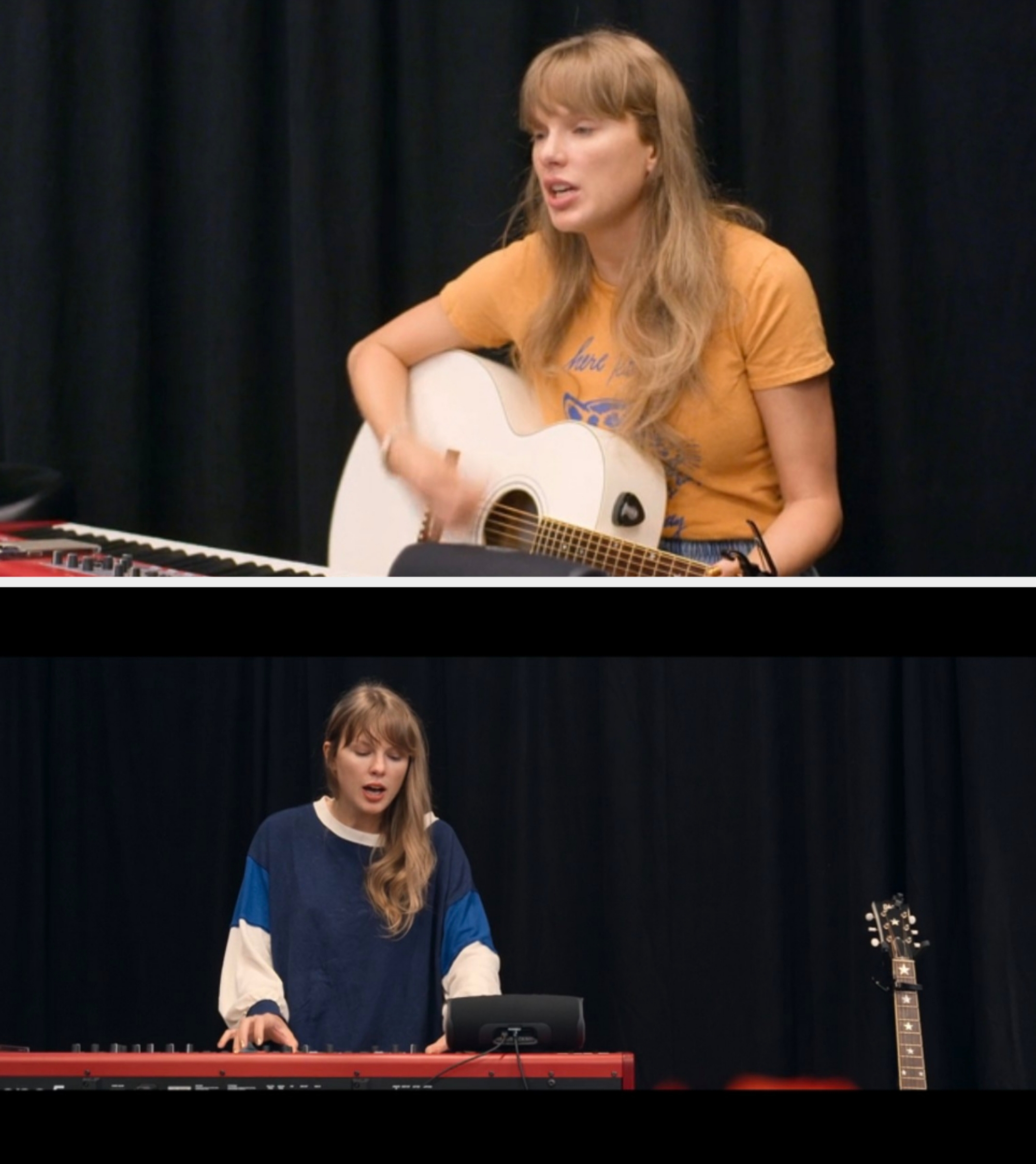 A idiosyncratic   is playing an acoustic guitar and singing adjacent  to a keyboard successful  a rehearsal space