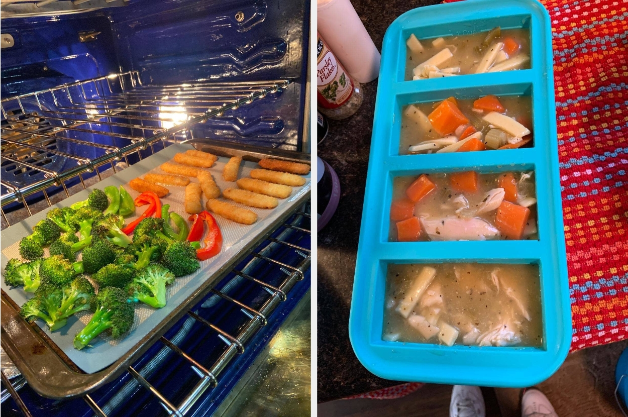 Left image: Broccoli, fries, and red peppers on a baking tray in an oven. Right image: Soup portions in a blue silicone freezer tray