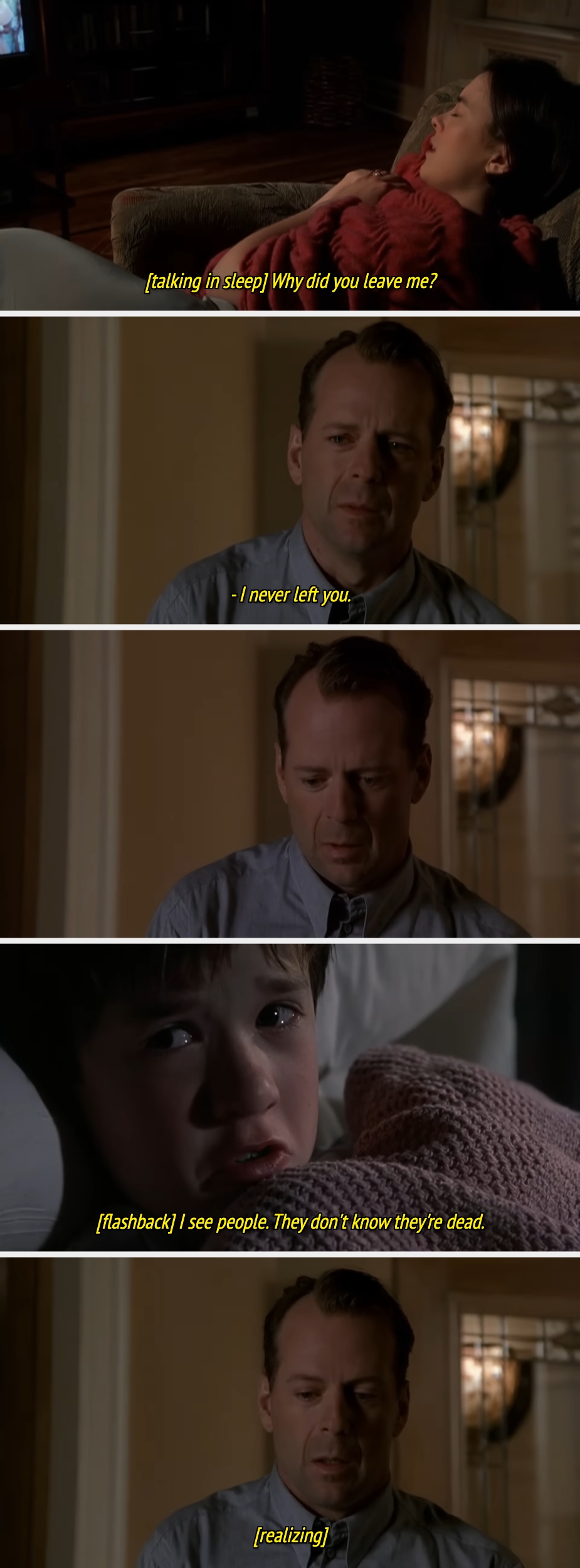 Four images depict a tense conversation between a man and a boy, revealing a supernatural realization about seeing deceased people