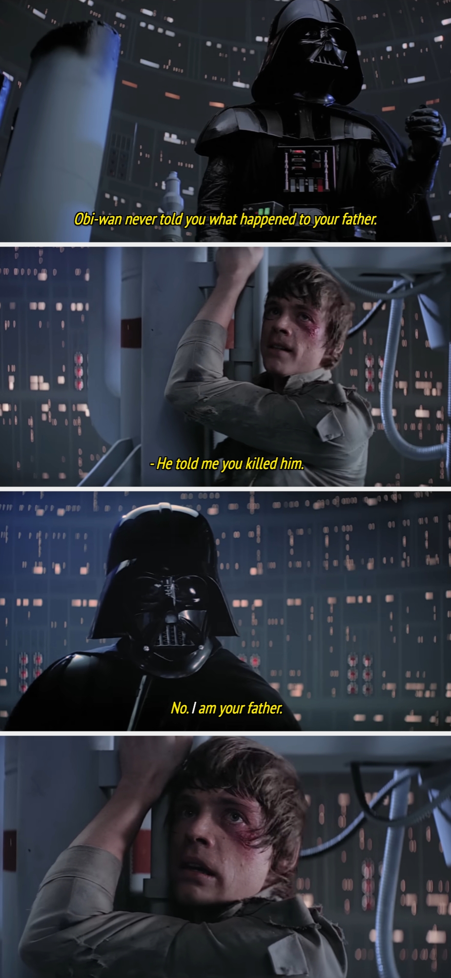 Darth Vader reveals to Luke Skywalker, "No, I am your father," in a tense confrontation scene from a sci-fi movie