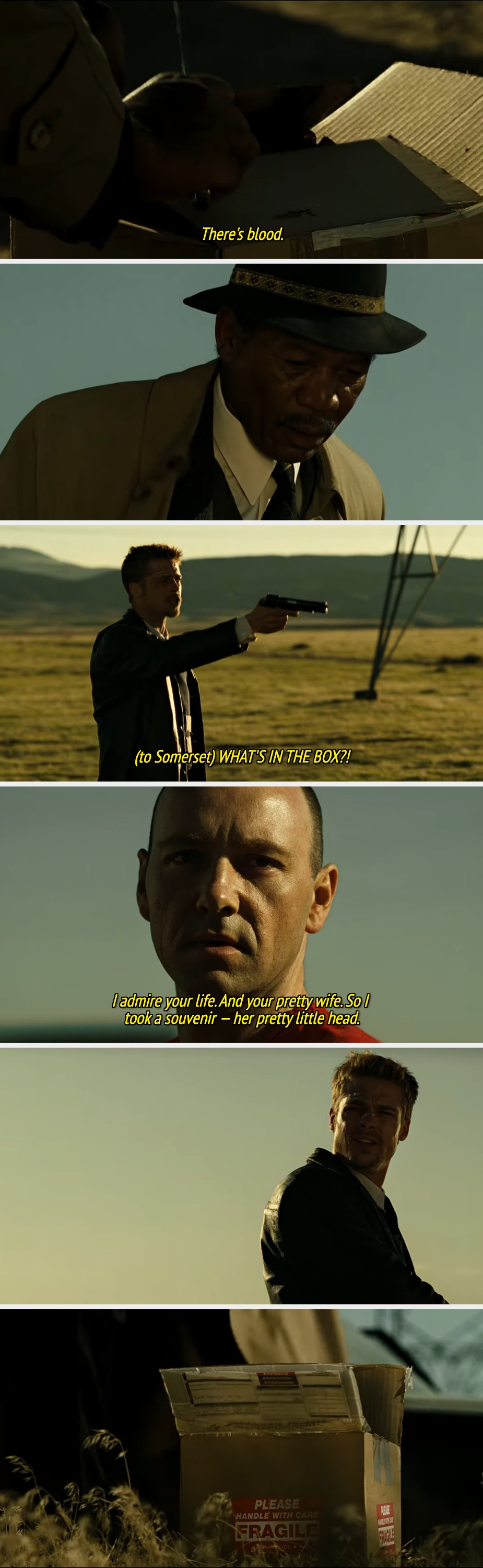 A tense scene from a movie featuring a man in a trench coat, a man holding a gun, and another man looking tense under a clear sky