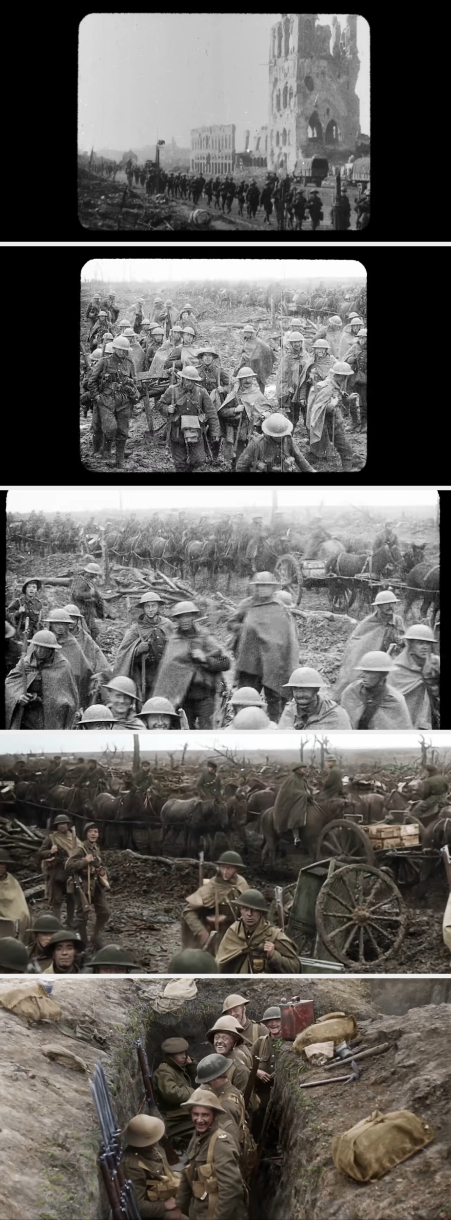 Historical wartime images showing soldiers in trenches and on the battlefield during a conflict