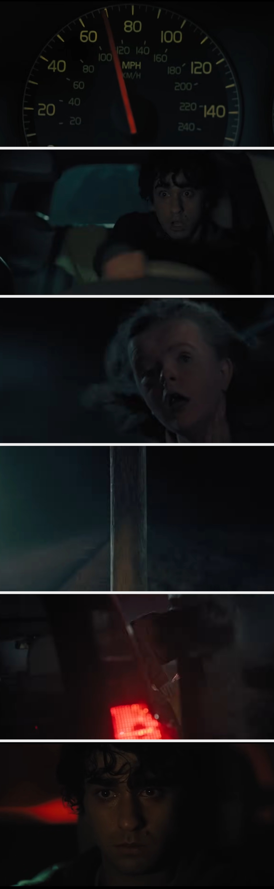 A series of suspenseful movie scenes show a car speeding, a concerned driver, and impending danger with a pole and dim brake lights at night