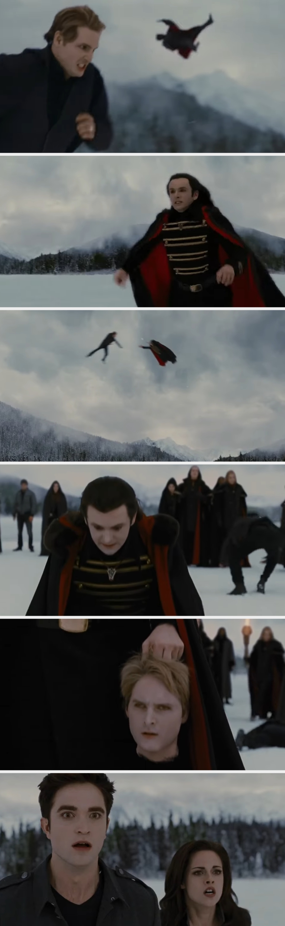 Movie scene from a fantasy film with characters in dramatic confrontation and action sequence, featuring intense expressions and supernatural elements