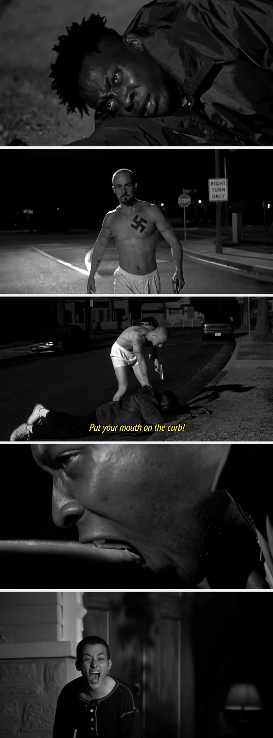 A series of intense black-and-white film stills depicting a confrontation with threatening undertones. A distressed man faces imminent danger