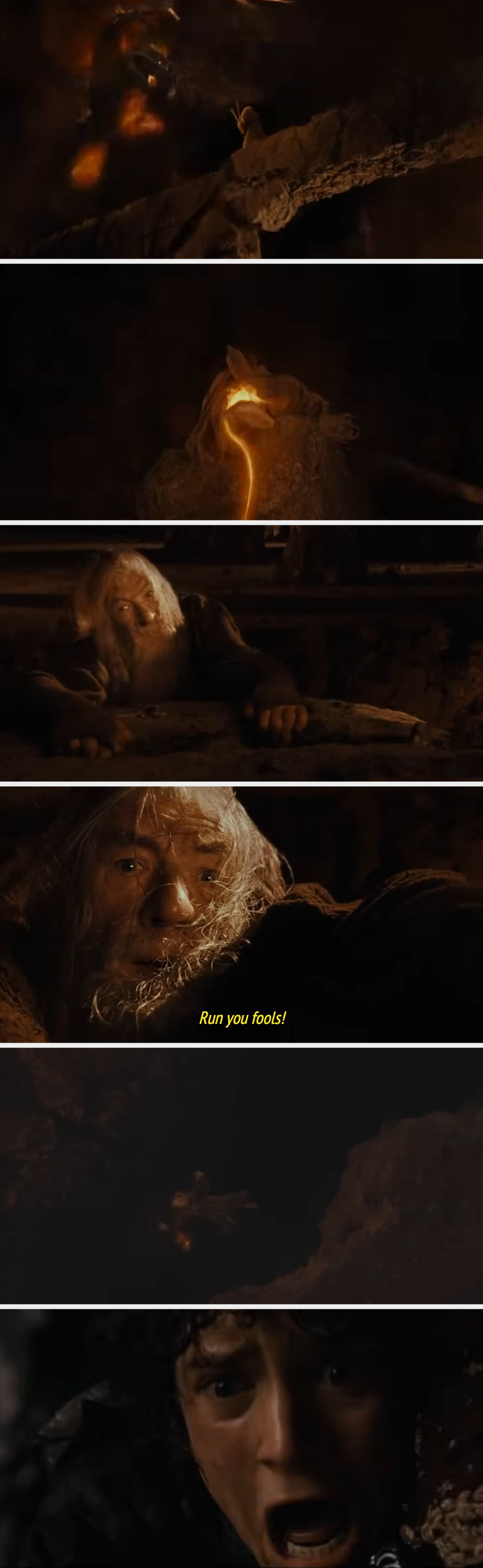 Series of scenes from a fantasy movie showing a wizard falling in a cavern urging companions to flee, with intense close-ups of concerned characters