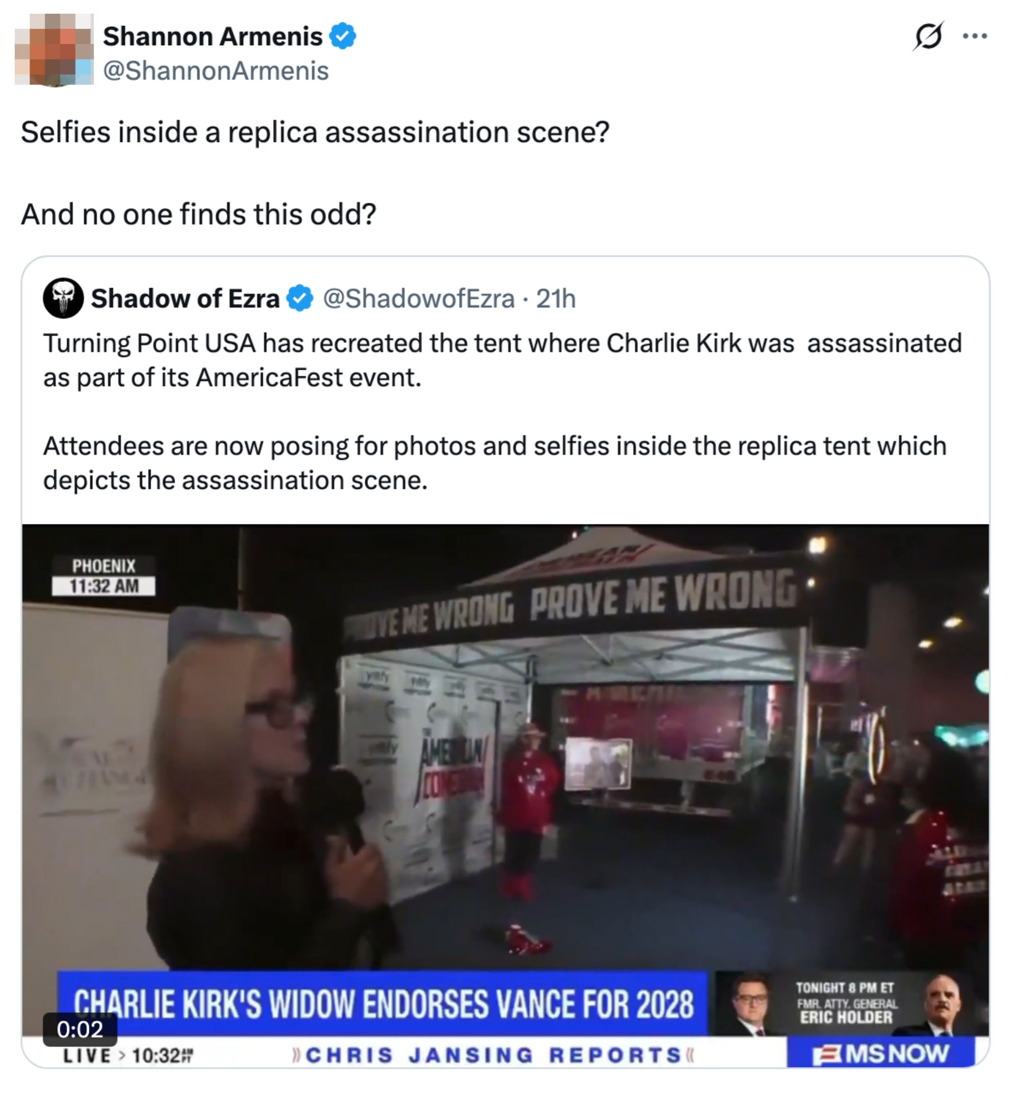 A quality    conception   shows a structure   replicating an assassination country   with attendees taking photos. Text highlights nationalist   reactions connected  societal  media