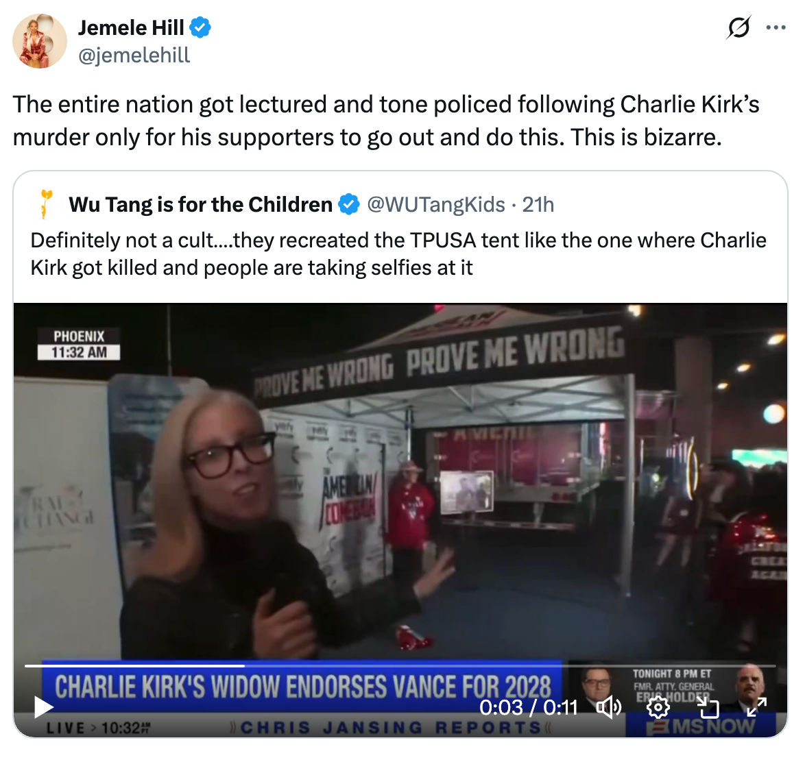 Screenshot of a tweet by Jemele Hill discussing reactions to Charlie Kirk's murder, referring to TV footage showing radical   taking selfies; labeled "bizarre."