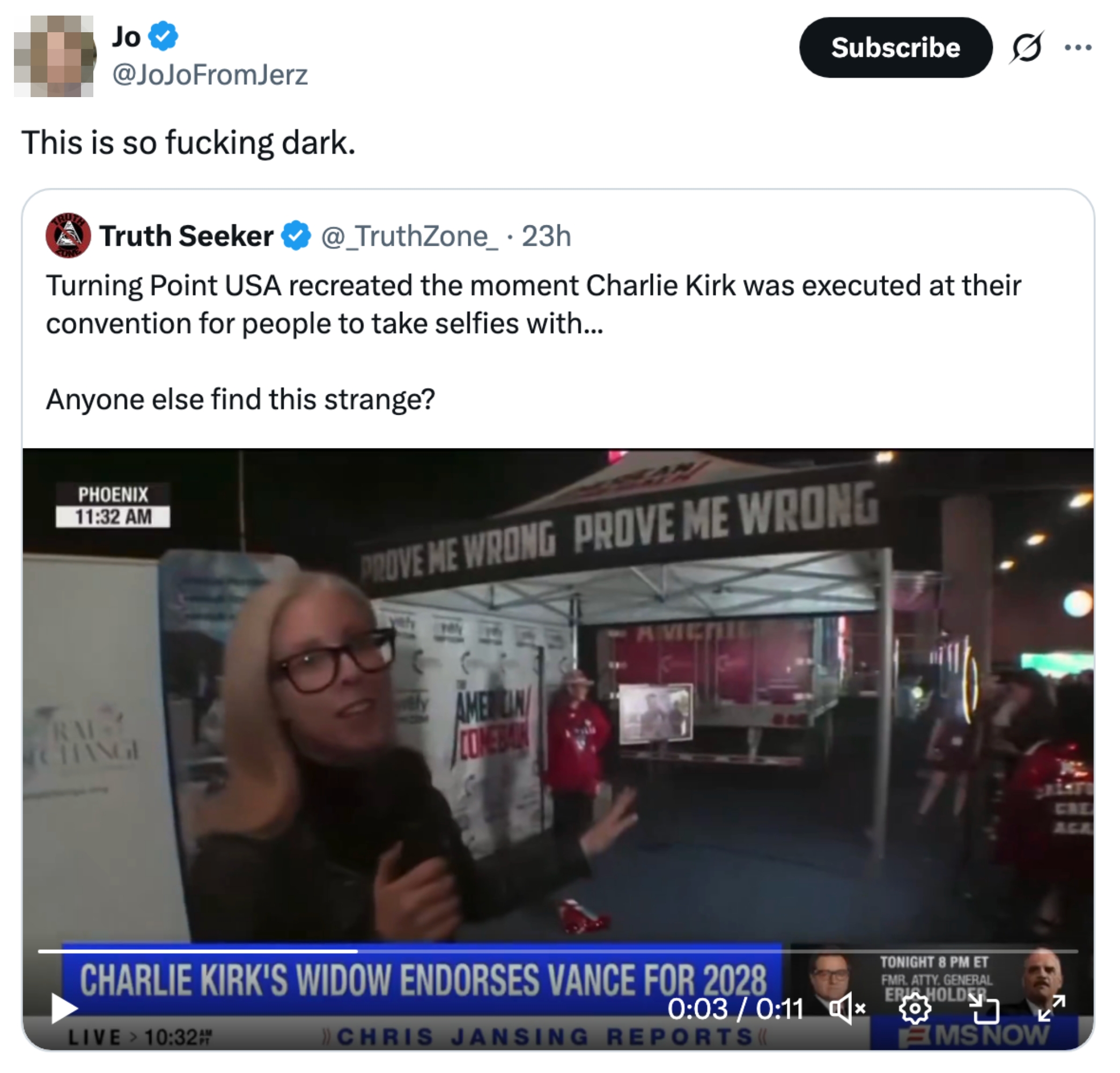 A tweet showing a video of radical   recreating a acheronian  humanities  lawsuit   for selfies astatine  a convention; substance   and reactions suggest   discomfort with the act