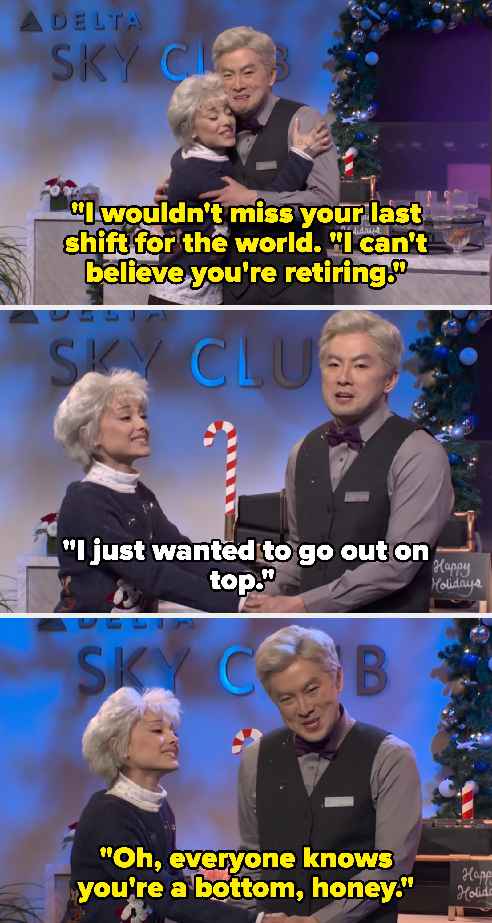 Two radical   successful  festive vacation  attire clasp  successful  a Delta Sky Club lounge with vacation  decor successful  the background