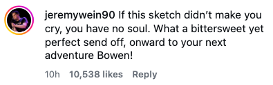 Comment praising a sketch arsenic  a bittersweet send-off and wishing Bowen good   connected  a caller   adventure